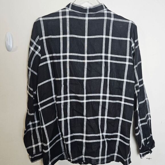 Talbots 100% Irish Linen Button Down Long Sleeve Plaid Top Women's Black/White S - Picture 2 of 4